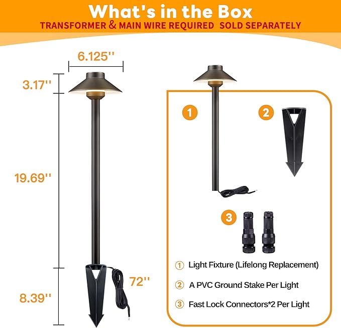 Gardenreet Solid Cast Brass Pathway Light - 12v Landscape Pathlights Outdoor Waterproof, Electric Path Lights Wired, Hat Shape Antique Bronze for Garden Decorations G4 Bulb Not Included (12 Pack)