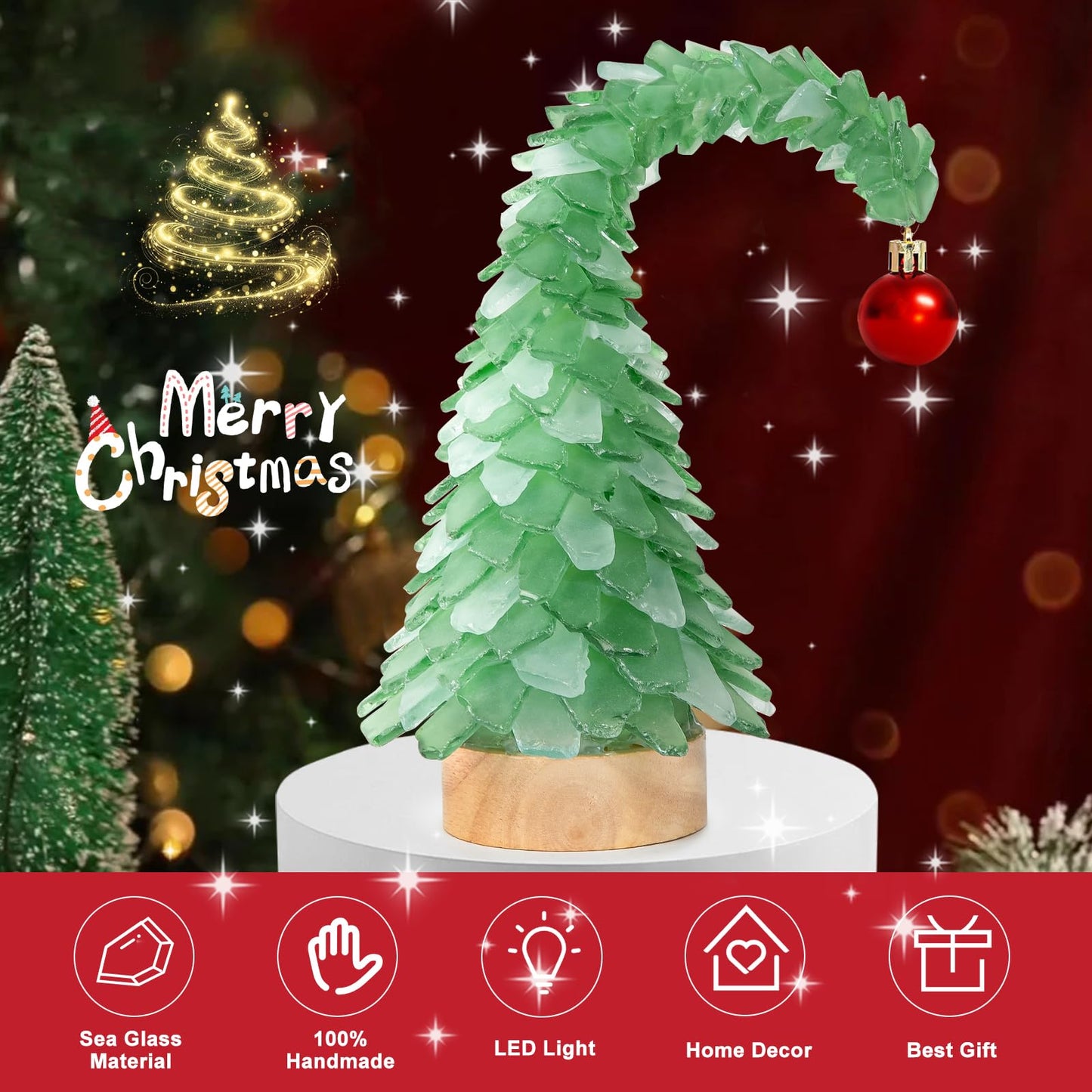 Crooked Sea Glass Christmas Tree with LED Lights - Handcrafted Whimsical Mini Green Christmas Tree, Ideal for Christmas, New Year, Coastal Holiday Decor & Gifts, Versatile Home Decor