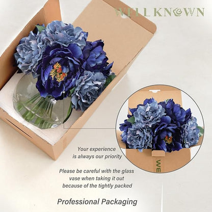 Artificial Flowers in Vase, Artificial Peonies for Vase with Faux Water, Silk Fake Flower Arrangements for Fall Winter Wedding Home Coffee Table Decor Thanksgiving Centerpieces (Blue)
