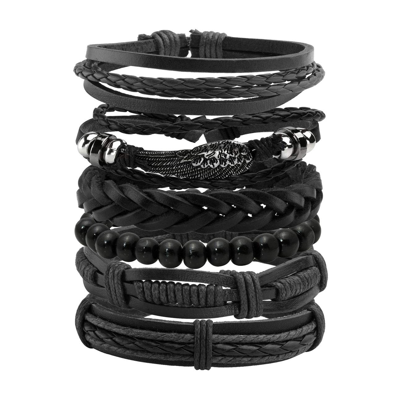 Mafnee Mens Bracelet Braided Leather Bracelet Punk Rock Cuff Bracelets Wrap Bracelet for Men Women Black