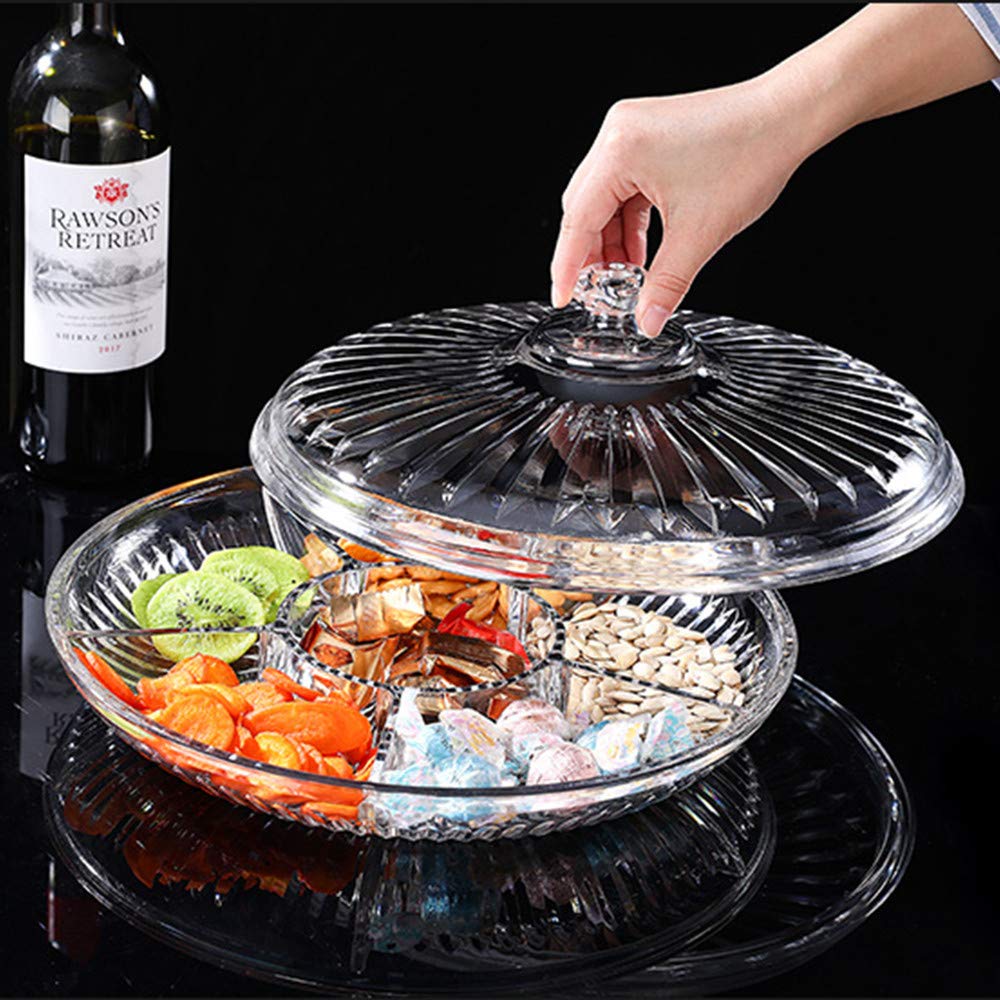 FEOOWV Creative Acrylic Multifunctional Party Snack Tray with Lid,Serving Dishes for Dried Fruits Nuts Candies Fruits,6-Compartment (Round)