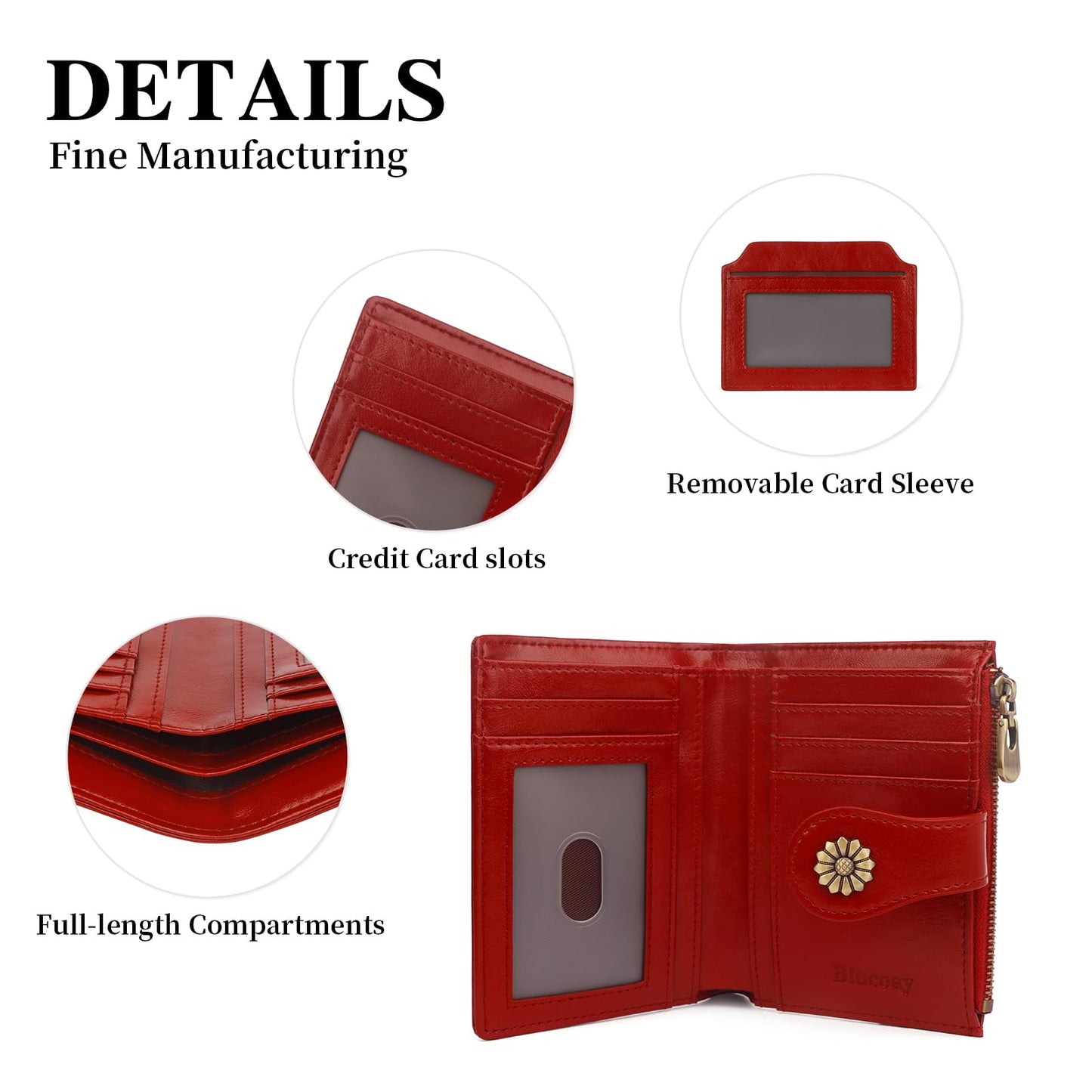 Blucoay Small Wallet Women,Microfiber Leather Compact Bifold Wallet Women RFID Blocking Card Holder With Removable ID Window(winered)