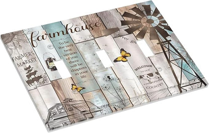 Rustic Western Farmhouse Windmill 3 Gang Light Switch Covers Vintage Barn Wooden Plank Inspirational Quote Triple Toggle Wall Plate Decorative Switchplate Electrical Faceplate