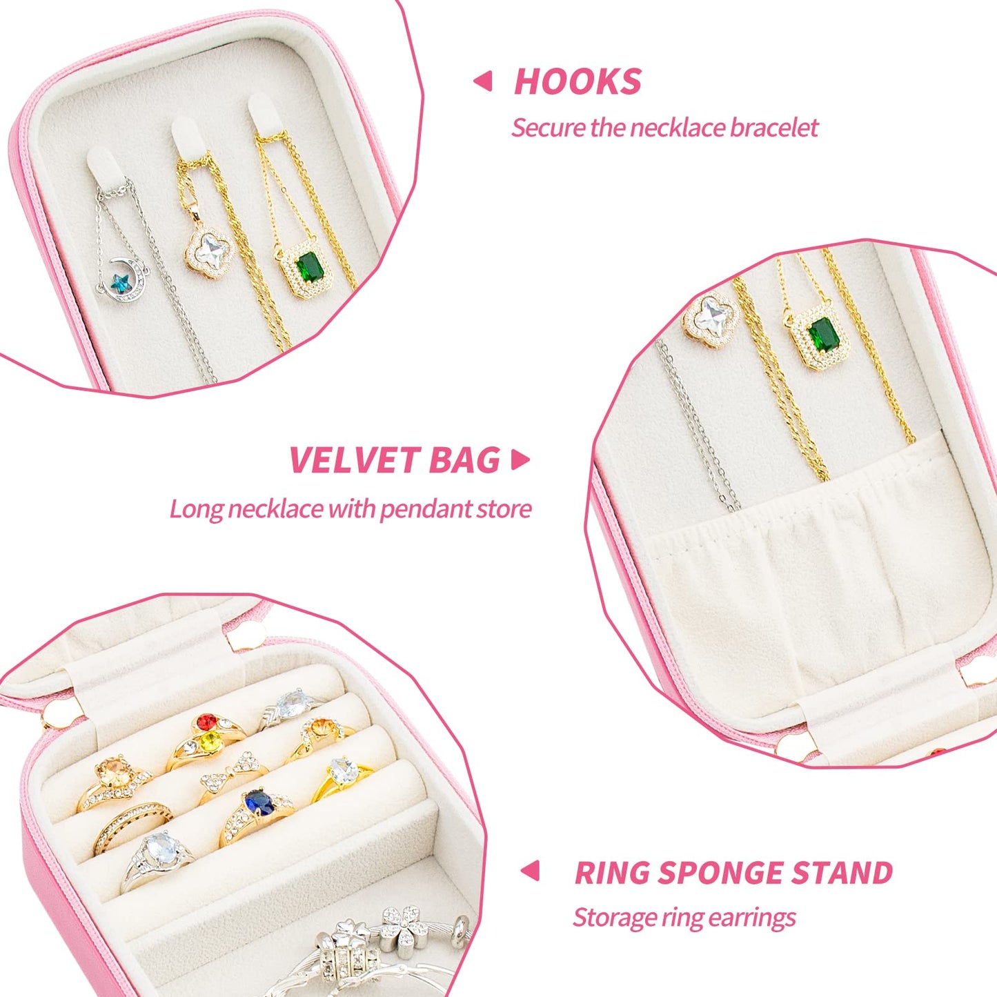 Small Travel Jewelry Organizers Box for women with PU Leather Portable Mini Jewelry Case with compartments for Necklace Rings Earrings,Luxury Giftable boxes. (Pink, M)