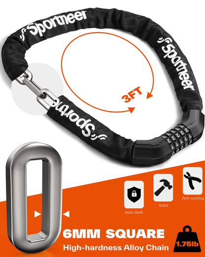 Sportneer Bike Chain Lock: 5-Digit Resettable Combination Heavy Duty Anti-Theft Square Link 3.2ft Bicycle Lock for Bike, Motorcycle, Scooter, Door & Gate - 6mm Thick, Easy to Use
