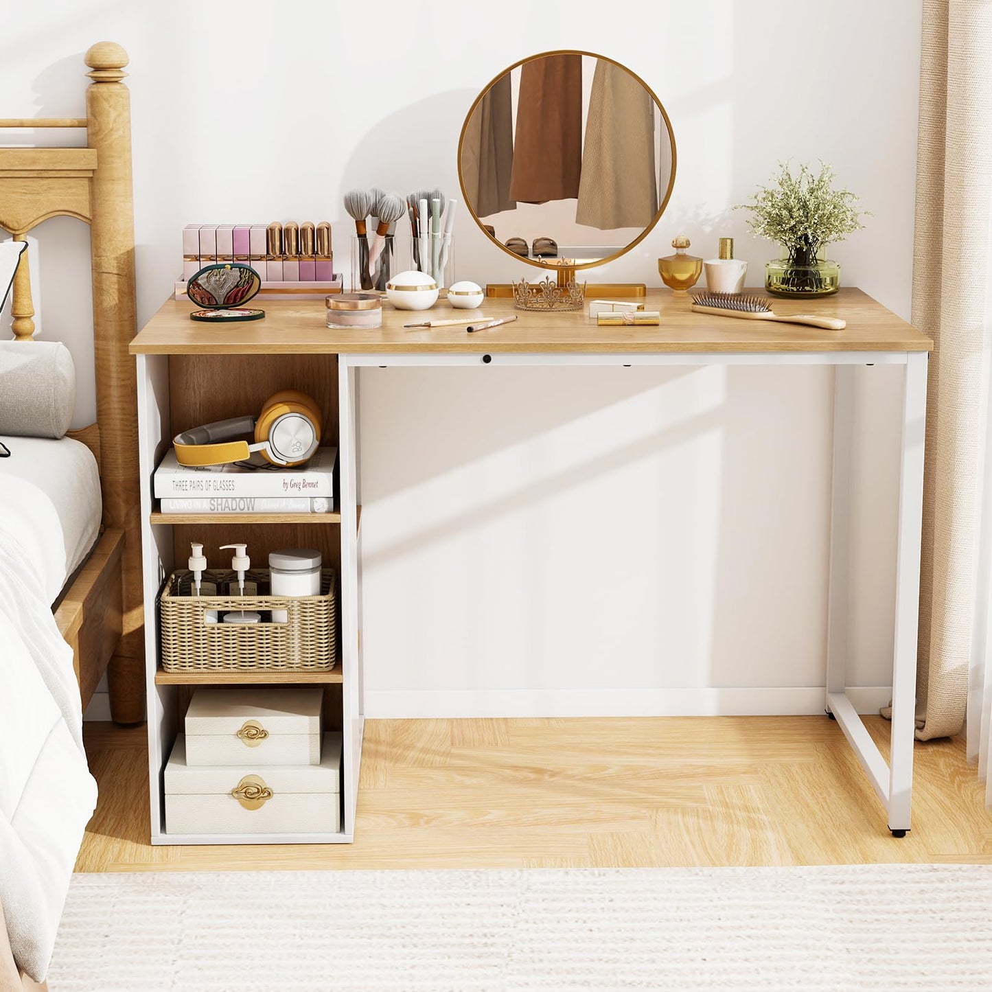 Tangkula Computer Desk with Storage Shelves, Home Office Desk with 5 Side Shelves & Metal Frame, Space Saving Laptop PC Desk, Writing Study Desk, Modern Vanity Desk for Bedroom (Natural)