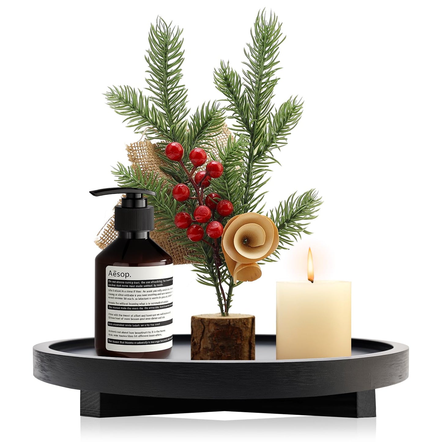 Black Decorative Wooden Tray for Kitchen Counter Bathroom Accessories Sink Vanity Trays Wood Riser Candle Pedestal Stand for Perfume Soap Trays Round Dining Coffee Table Small Rustic Home Decor Tray