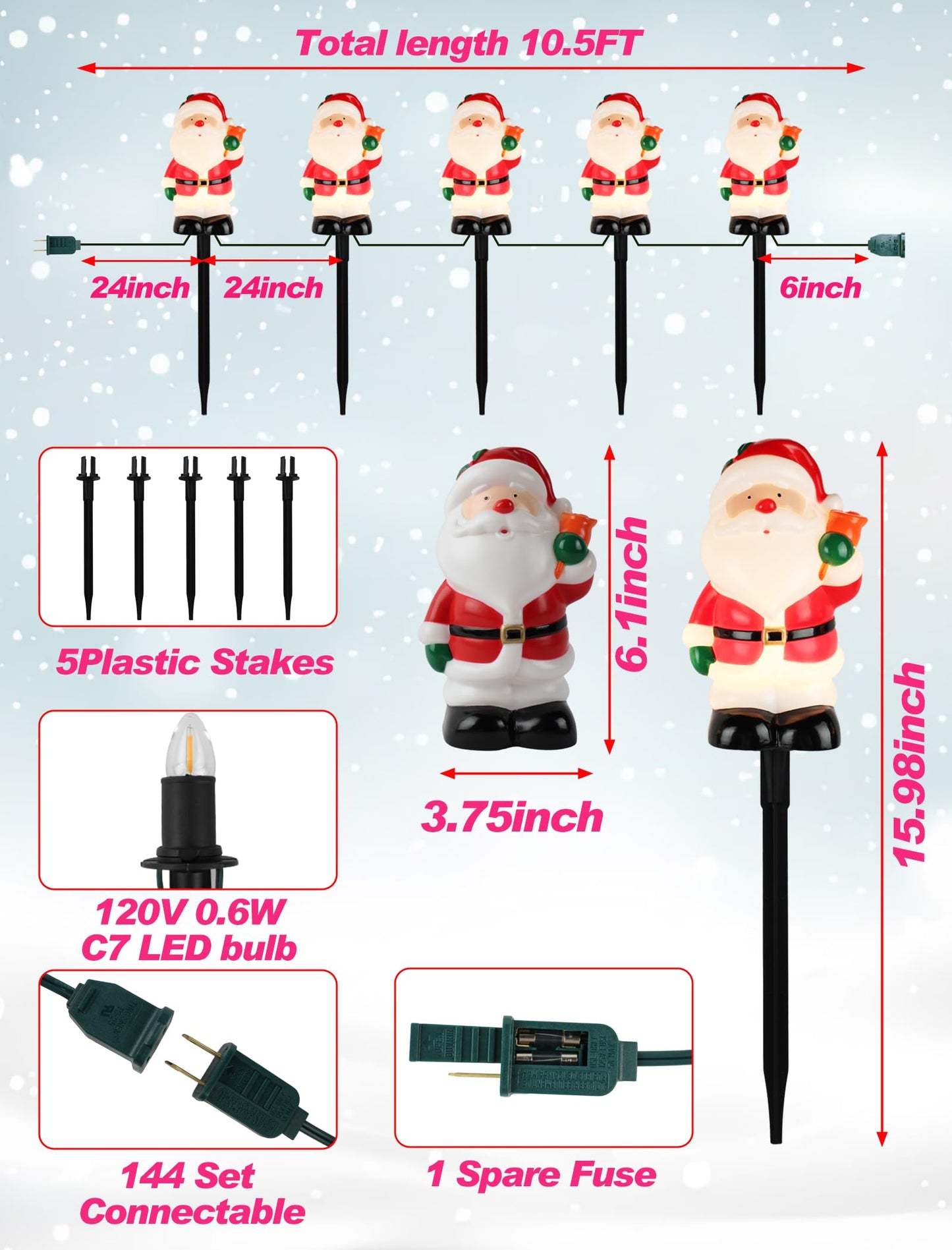 5-Pack Commercial-Grade Christmas Pathway Stakes - 15.98" Tall Santa Holding Bell Stake Lights with Heavy-Duty C7 LEDs, Waterproof for Pro-Level Yard Decor
