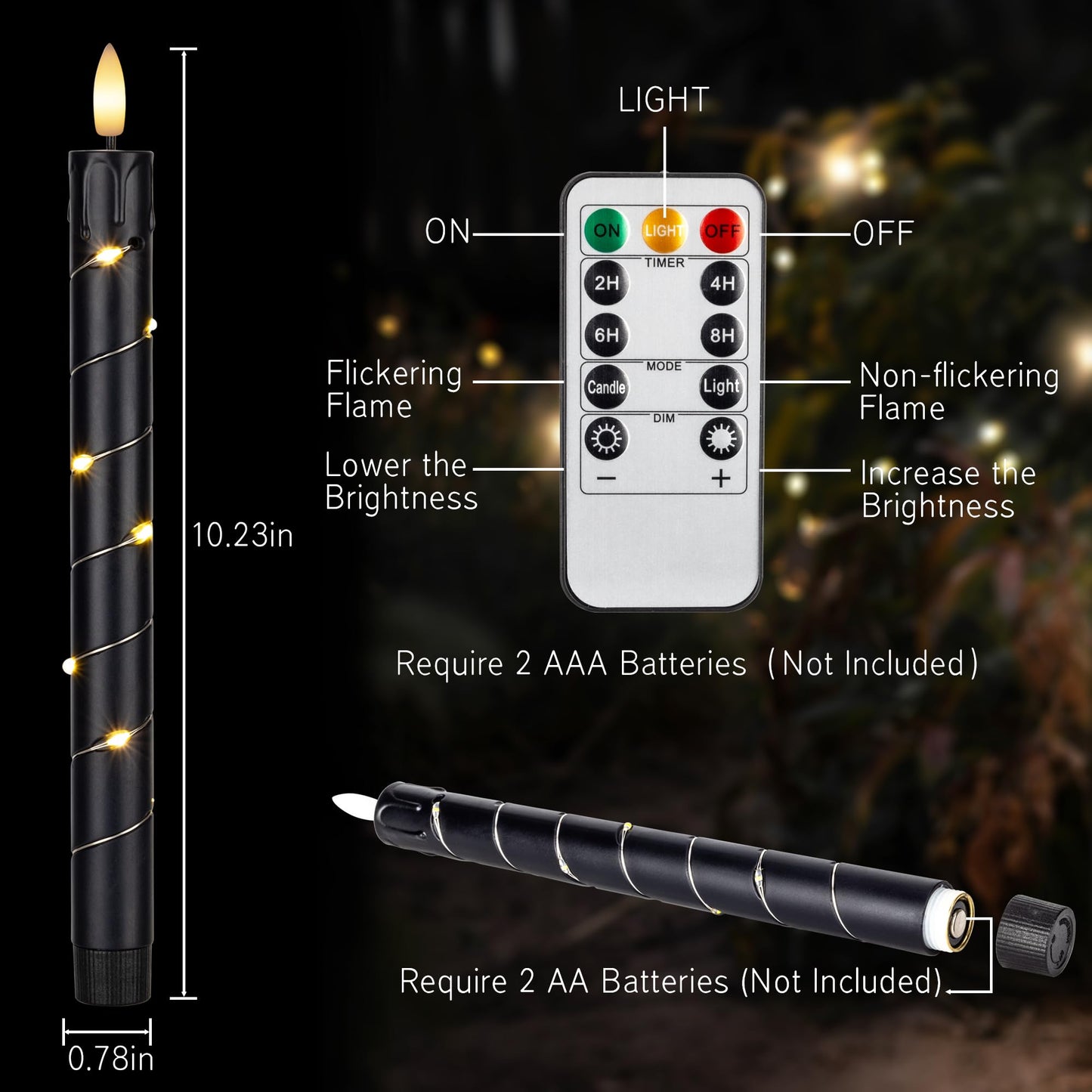 Flameless LED Taper Candles Flickering with Remote & Timer for Halloween Decorations，Battery Operated Candles, Arounded with Starlight String, Party & Home Decoration, Pack of 6,Black