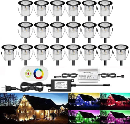 Low Voltage LED Deck Light Kit Multi-Color RGB Waterproof Recessed Wood Decking Stairs Garden Yard Patio Decor Lamp Black Border Outdoor LED Landscape Lighting (Black Border, 20pcs)