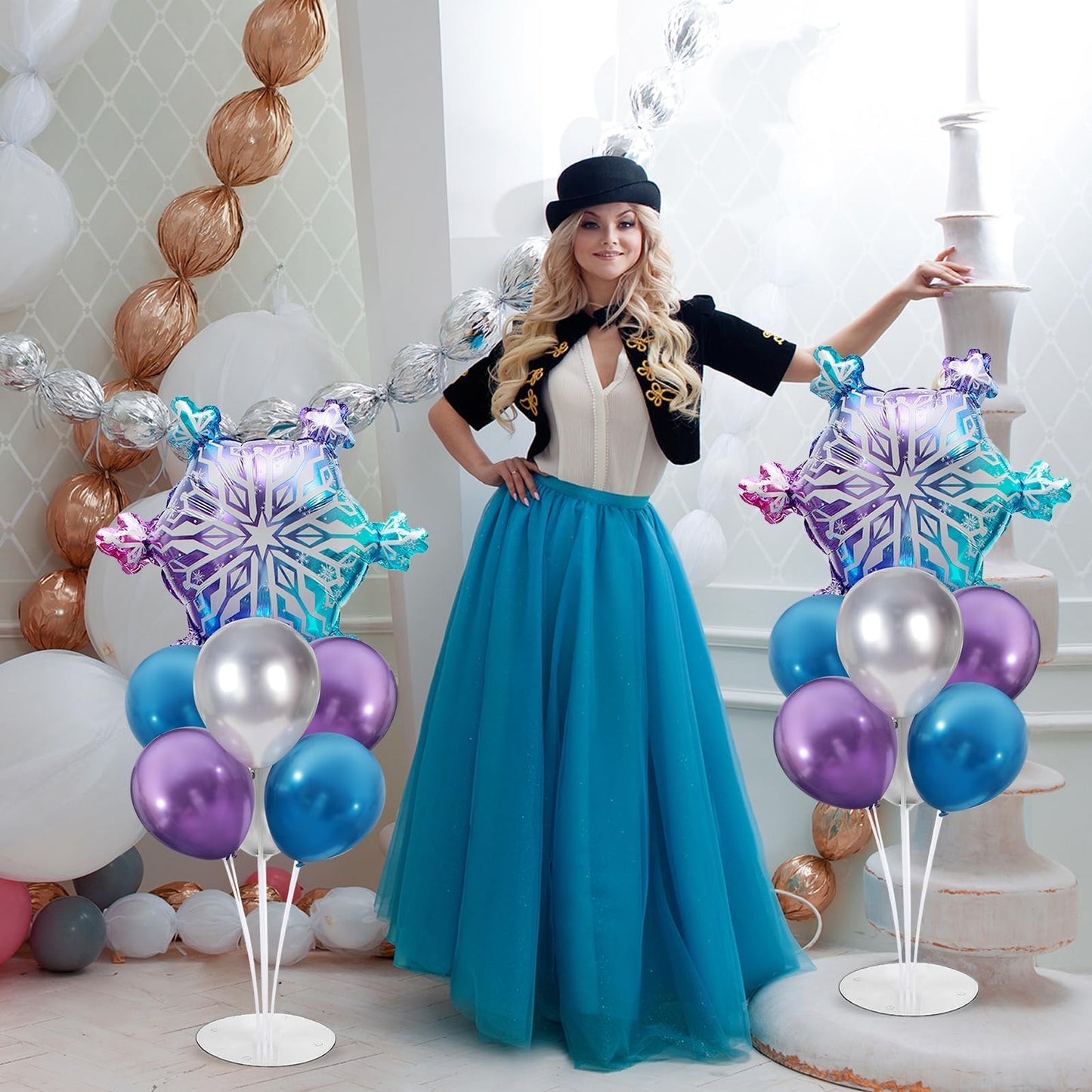 Snow Birthday Party Balloons Stand Kit 2 Sets With Snowflake Foil Balloons for Winter Wonderland Girl Princess Birthday Party Themed Decorations - Balloon Centerpiece for Tables