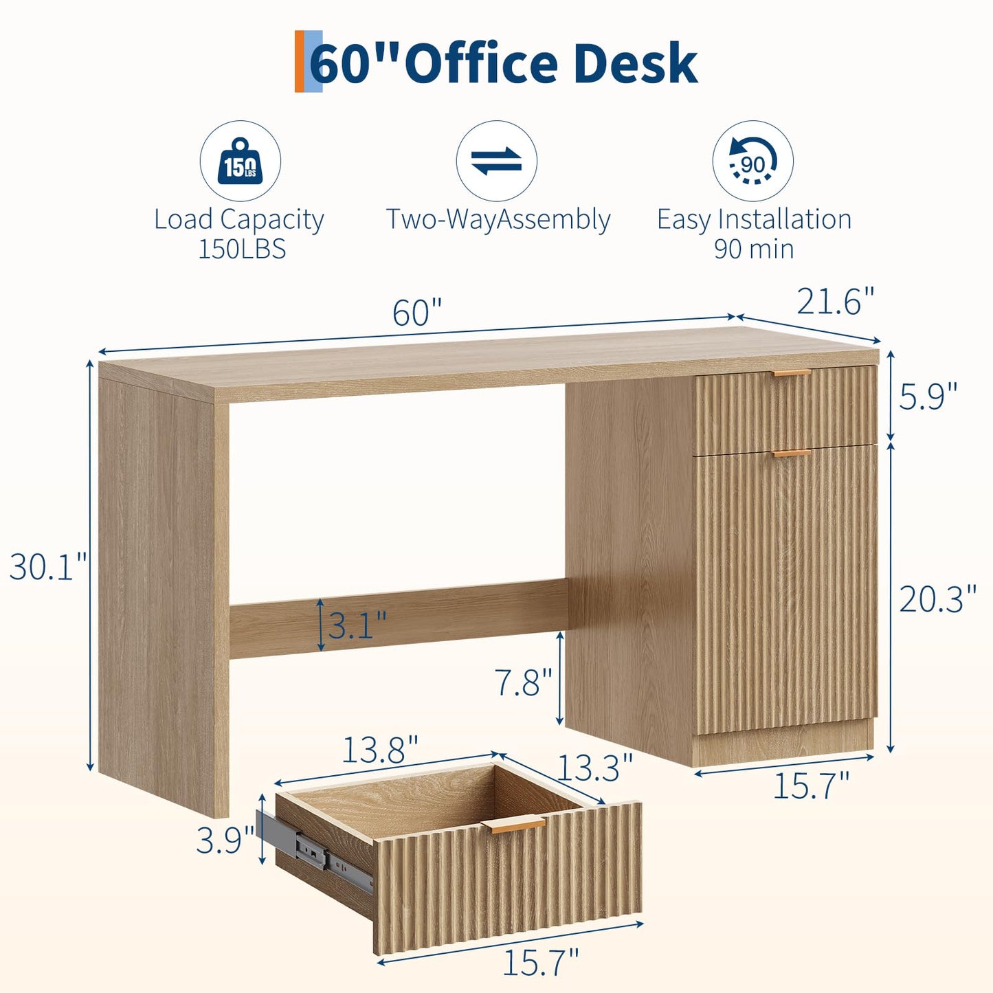 IDEALHOUSE Fluted Executive Desk with Drawers, 60" Modern Home Office Desk with Storage Cabinet, Wood Fluted Computer Desks Workstation for Working, Studying, Writing, Natural Oak