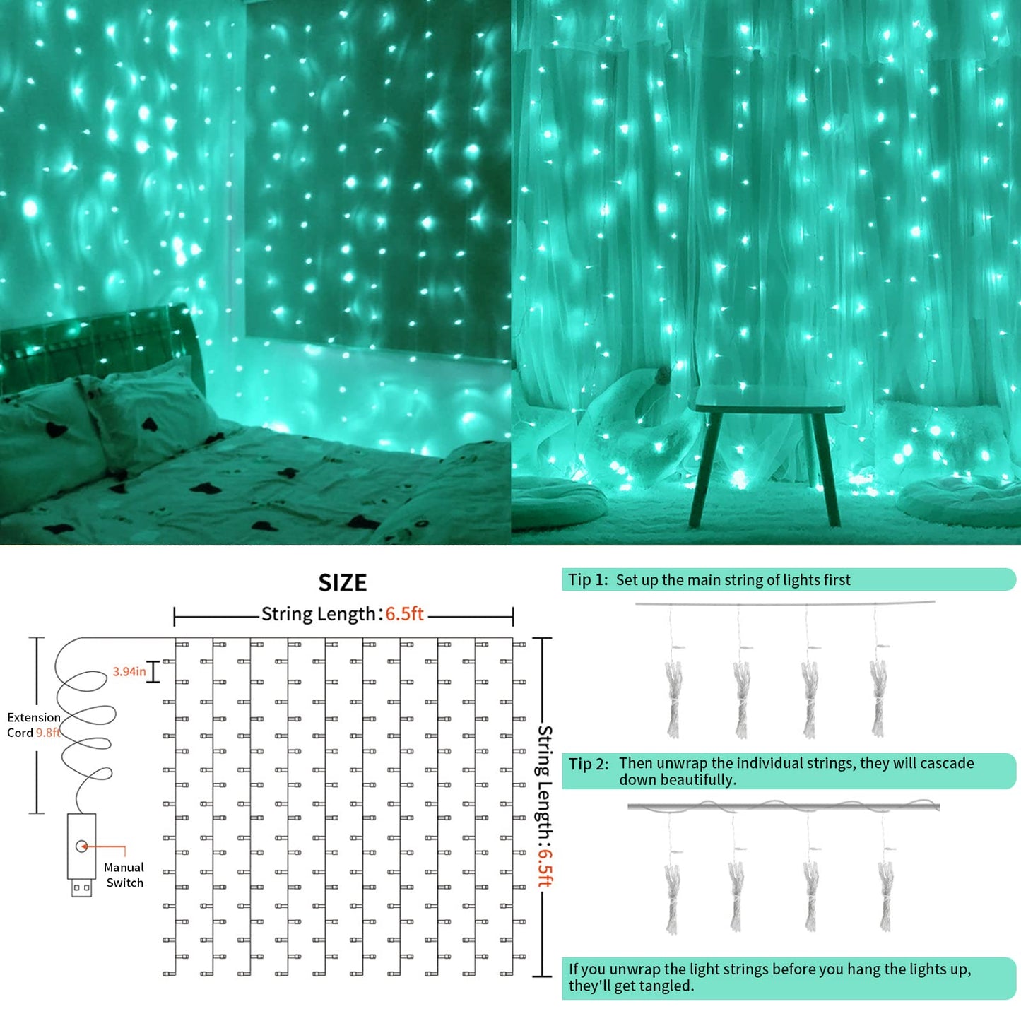 suddus Curtain Lights for Christmas, 200 Led 6.5ft x 6.5ft Hanging String Lights Outdoor, Fairy Curtain Lights for Backdrop, Window, Wall, Party, Garden, Bedroom, Birthday Decorations, Teal