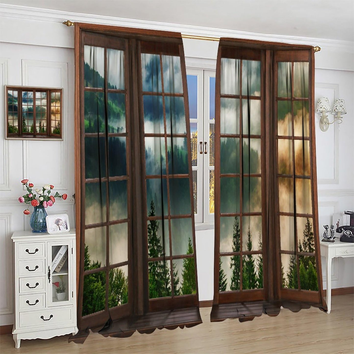 Green Misty Landscape Curtains, Nature Foggy Tree Mountain Scenery Retro Woodland 3D Landscape Blackout Window Treatments for Bedroom Living Room Kitchen 42x54 Inch