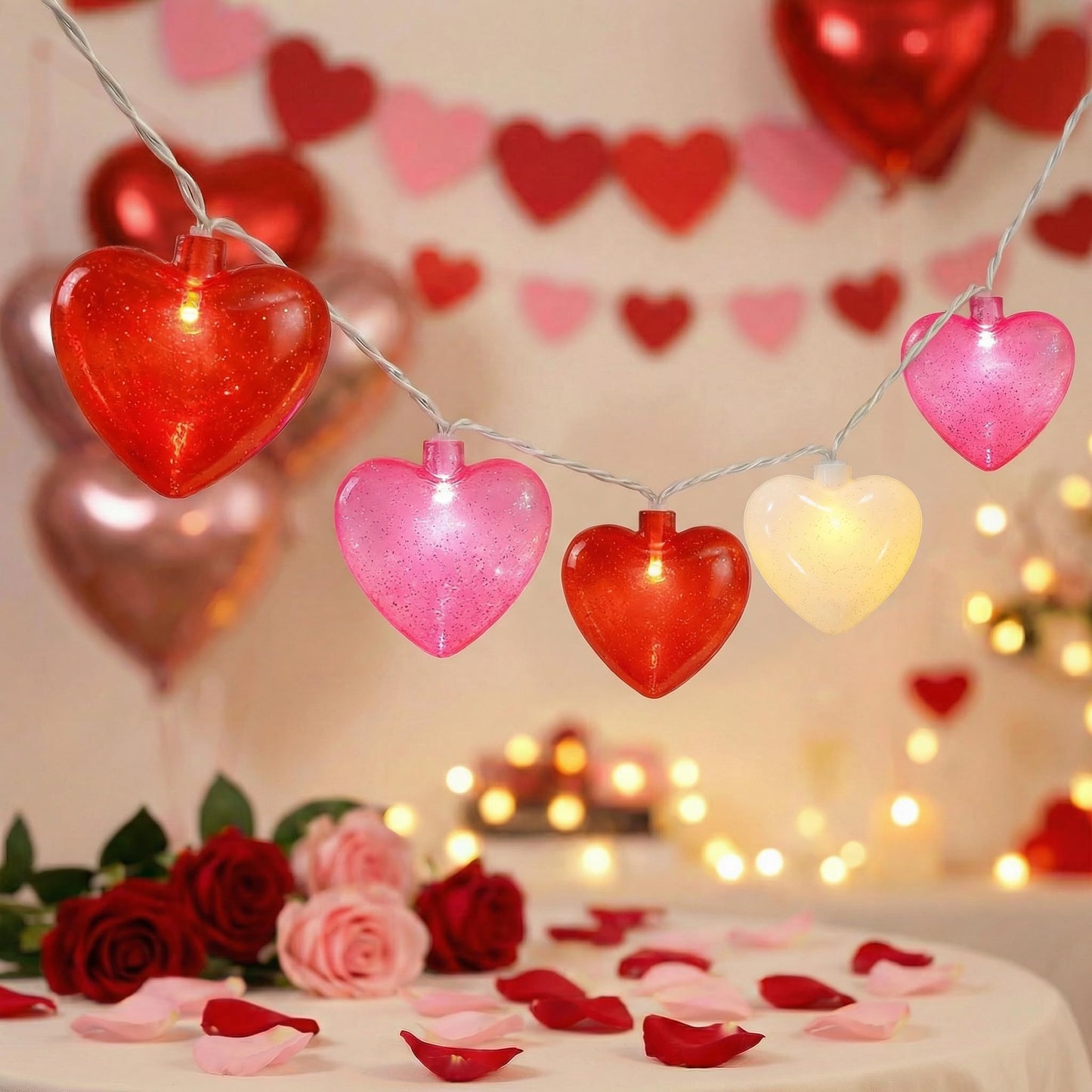 8.5ft Valentine’s Day Heart String Lights Plug in, Valentines Lights with 10 LED Red Pink White Shatterproof Bulbs, Fairy Lights for Indoor Outdoor Home Decor Wedding Party Birthday, Warm White