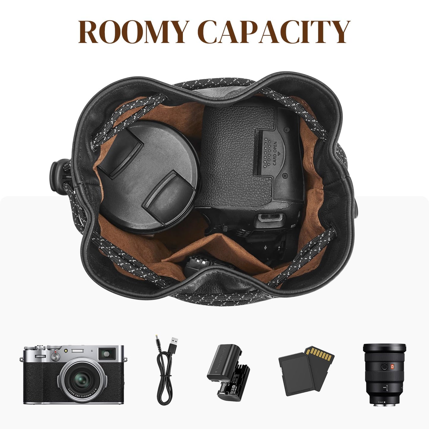 S-ZONE Genuine Leather Camera Bag Soft Camera Pouch DSLR Camera Case Handbag Drawstring Compatible with Mirrorless Cameras Canon Nikon Sony