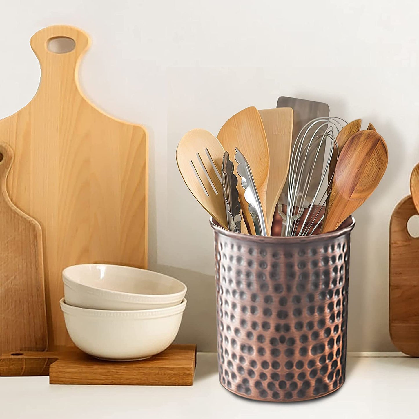 Monarch Abode Kitchen Utensil Holder – Hand Hammered Metal Antique Copper Utensil Holder, Decorative Utensil Crock for Kitchen Counter, Cooking Tool and Spatula Holder for Countertop, Caddy Organizer