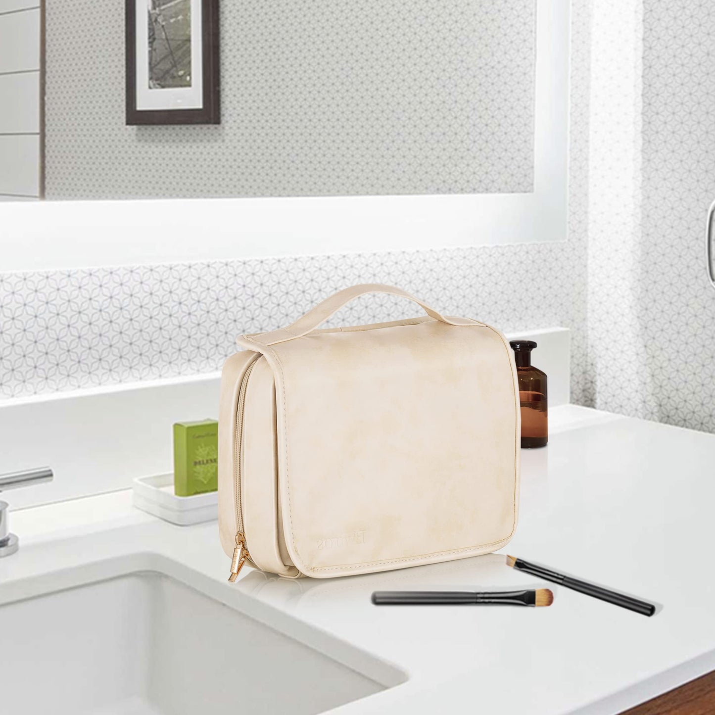 Elviros Hanging Travel Toiletry Bag for Women, 3-in-1 Large Makeup Bag and Cosmetic Organizer, Vegan Leather Waterproof Skincare Case for Travel Size Toiletries and Accessories, Gift for Women