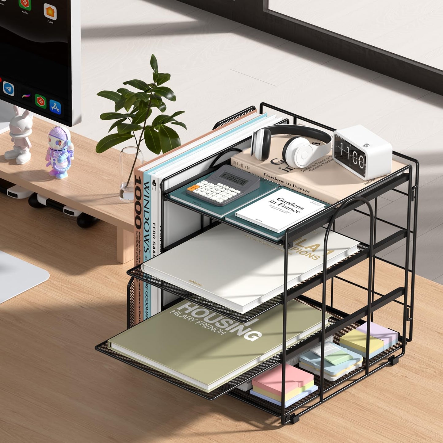 Becomrock Desk Organizer, 4-Tier Metal File Organizer for Desk with Vertical File Holder, Office Accessories and Desktop Storage for Office Supplies (Black)