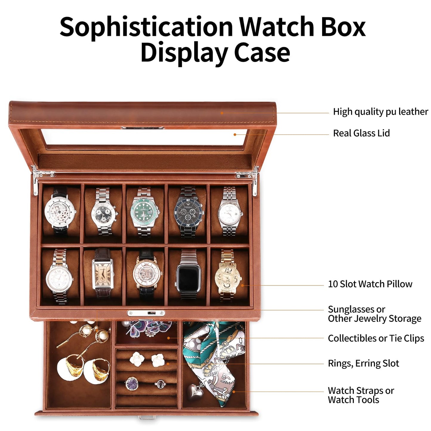 HELMDY Leather Watch Box with Drawer-10 Slots Locking Jewelry Watches Holder for Men-Luxury Watch Case Display Organizer-2 Tier Organizer Watch Showcase-Storage Case