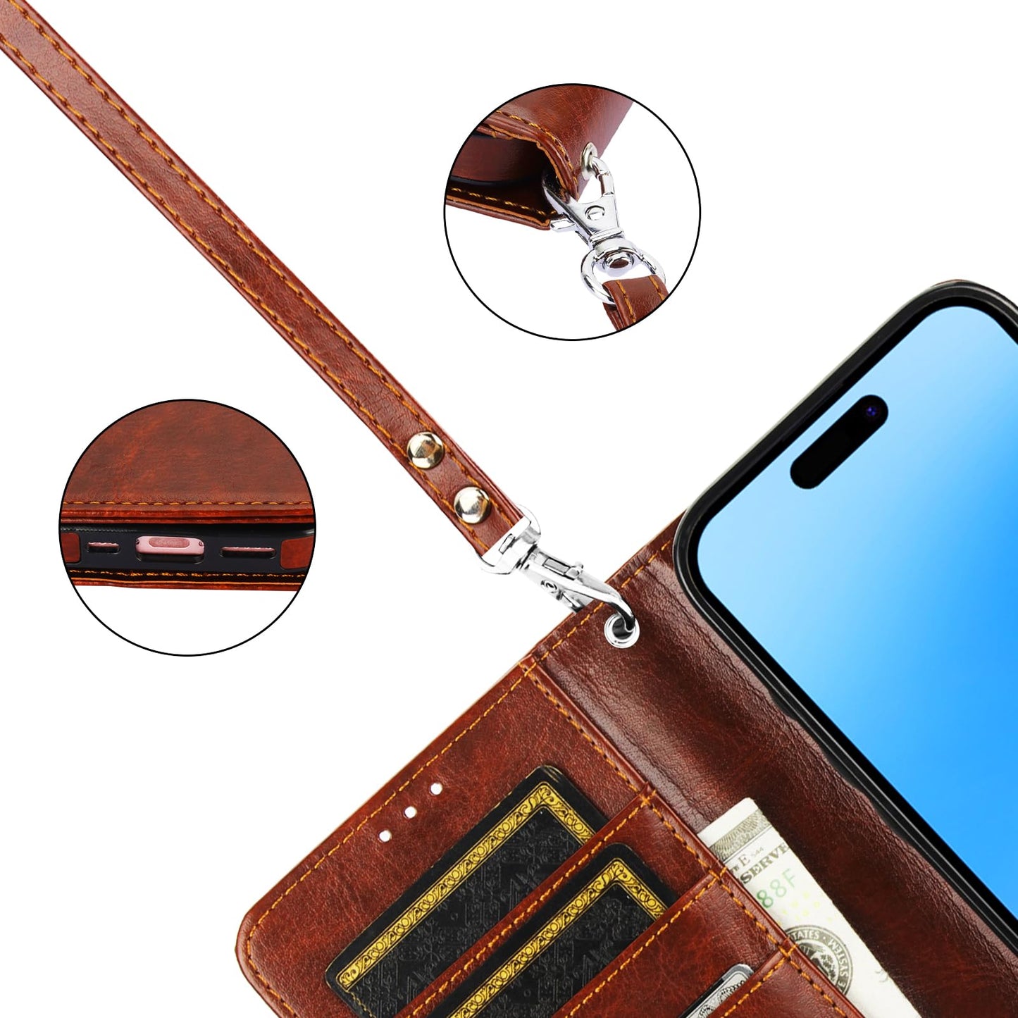 Bocasal Detachable Wallet Case for iPhone 16 Pro RFID Blocking Card Slots Holder Premium PU Leather Magnetic Kickstand Shockproof Wrist Strap Removable Flip Protective Cover 5G 6.3 inch (Brown)