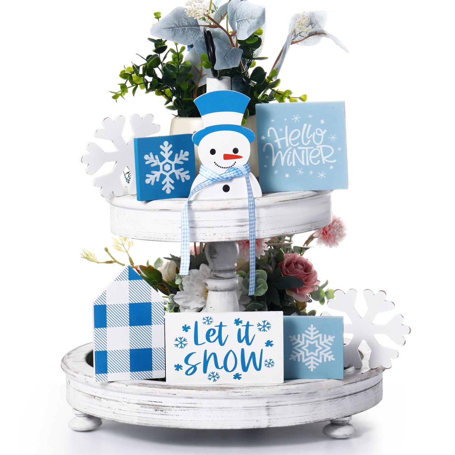 Sawysine 8 Pieces Winter Tiered Tray Decor, Let It Snow Sign Decor Farmhouse Snowflake Wooden Signs for Holiday Shelf Kitchen Coffee Bar(Blue, White)