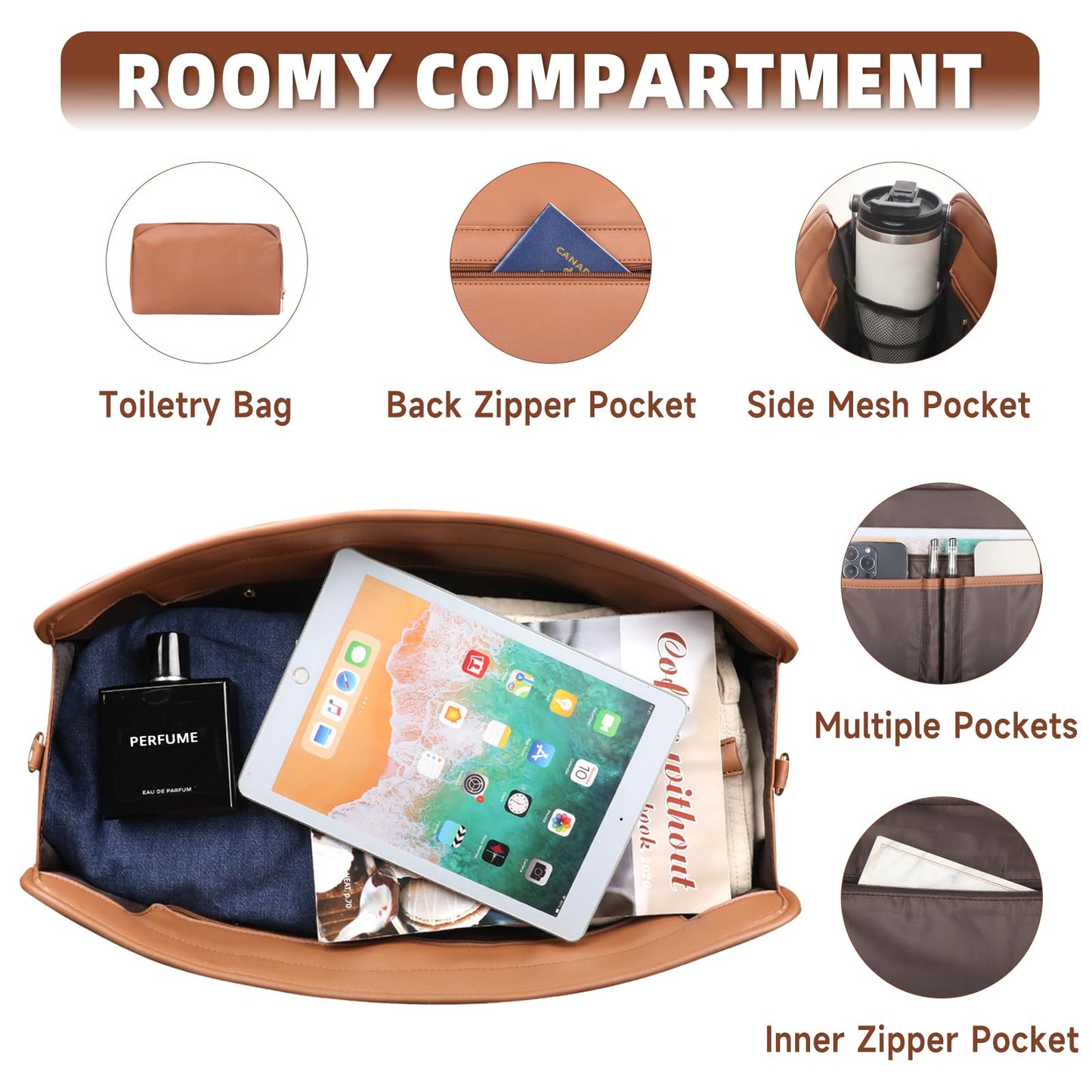 Bolosta Travel Duffle Bag for Men Women, PU Leather Duffel Bag for Traveling, Large Carry on Weekender Overnight Bag with Shoe Compartment, Perfect for Travel/Daily Use