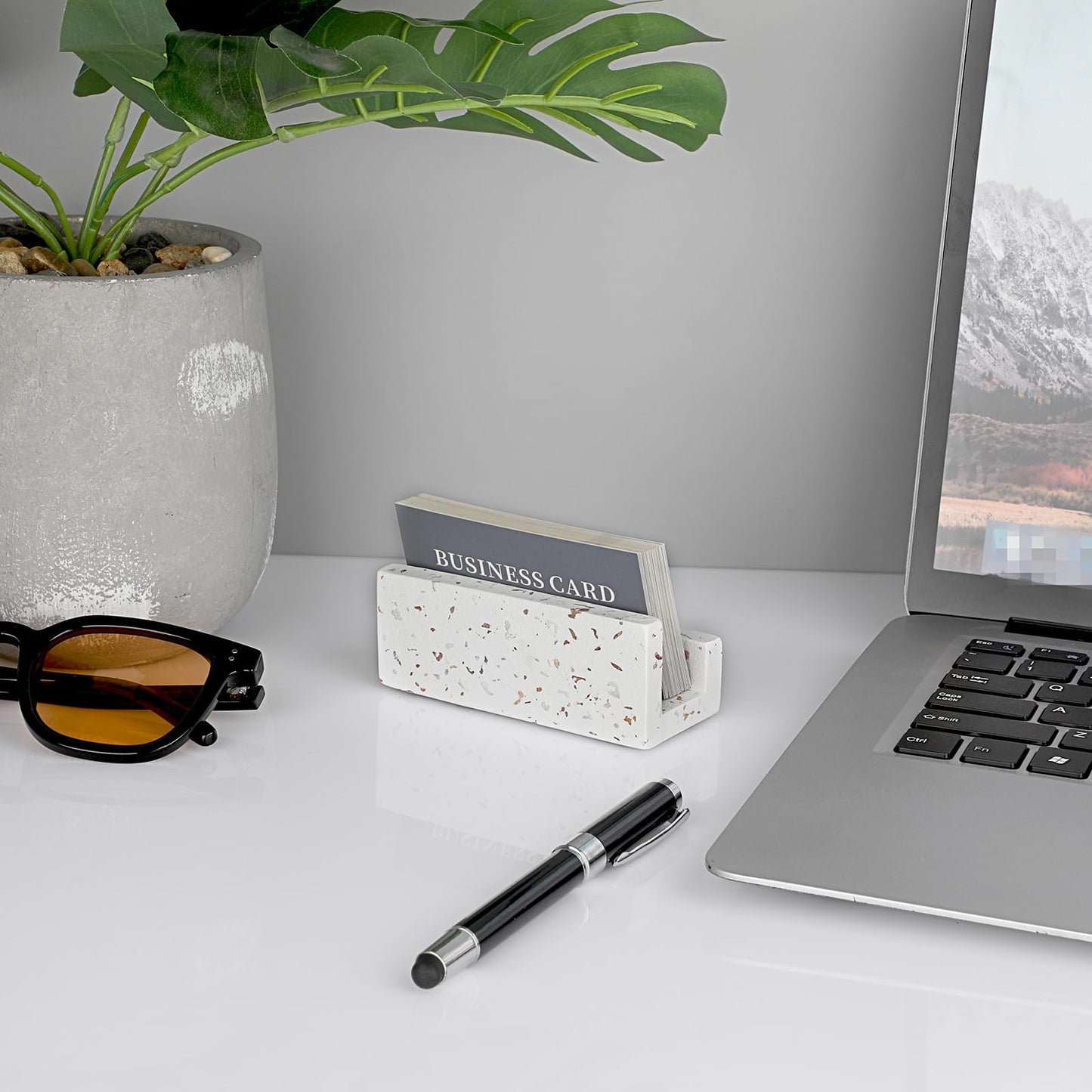 Hipiwe Business Card Holder for Desk Terrazzo Business Card Display Stand Desktop Cards Display Stand for Women Men Concrete Business Card Stand Organizer for Office