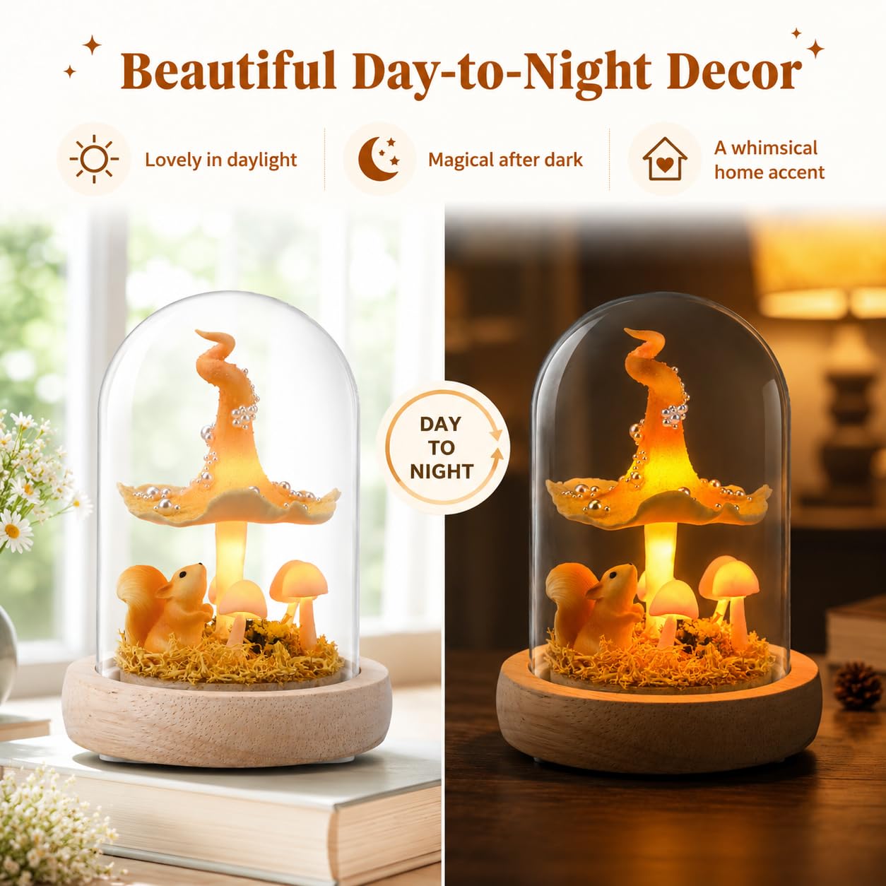 QUELIEN Mushroom Lamp in Glass Dome,Mushroom Gifts for Women - Warm LED Night Light for Bedroom Decor,Birthday Party Decorations,Ideal Birthday Gift Valentines Gift
