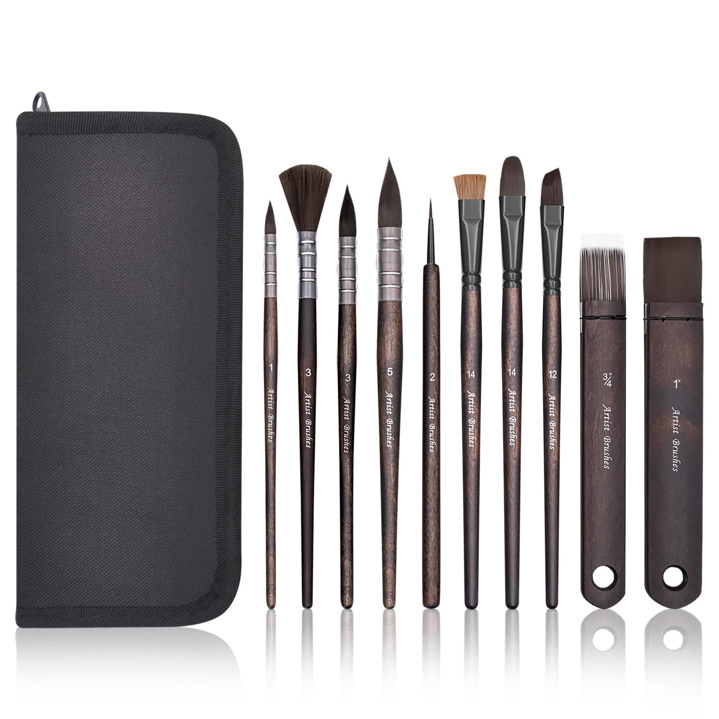 10 Pieces Paint Brush Set, Artist Series, Nylon Bristles with Round, Flat, Fan, Angle, Detail Brush, Suitable for Artists and Beginners for Acrylic Painting, Oil, Watercolor, Gouache(Black)
