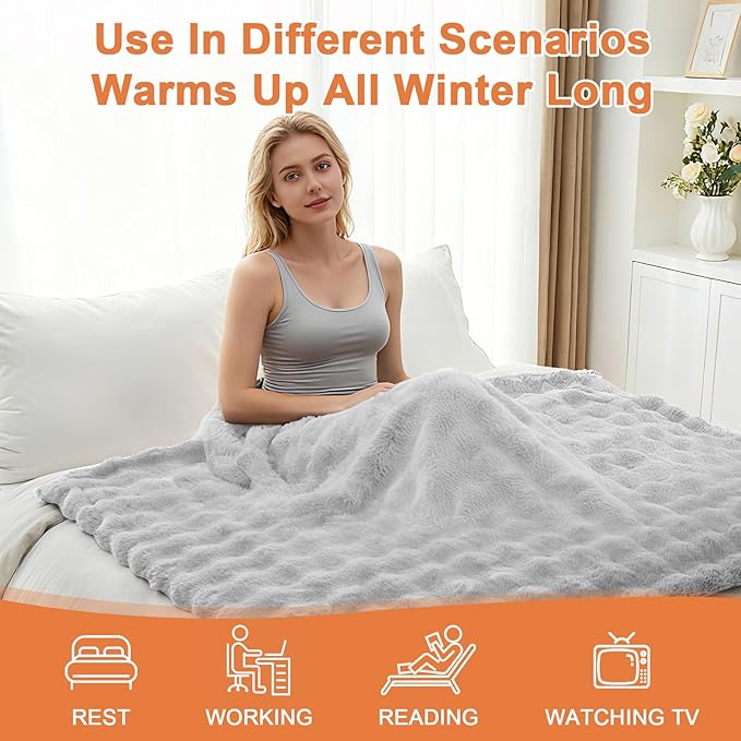 Heated Blanket Electric Throw Blanket 62''X 84''-Heating Blanket with 6 Heat Settings-10 Hours Auto Off,Cozy Faux Rabbit Fur Bubble Electric Blanket,Light Gray