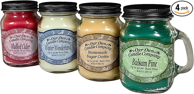 Our Own Candle Company 4 Pack Mini Mason Jar Candles - 3.5 Oz Balsam Pine, Cranberry Orange Spice, Homemade Sugar Cookie, Winter Wonderland