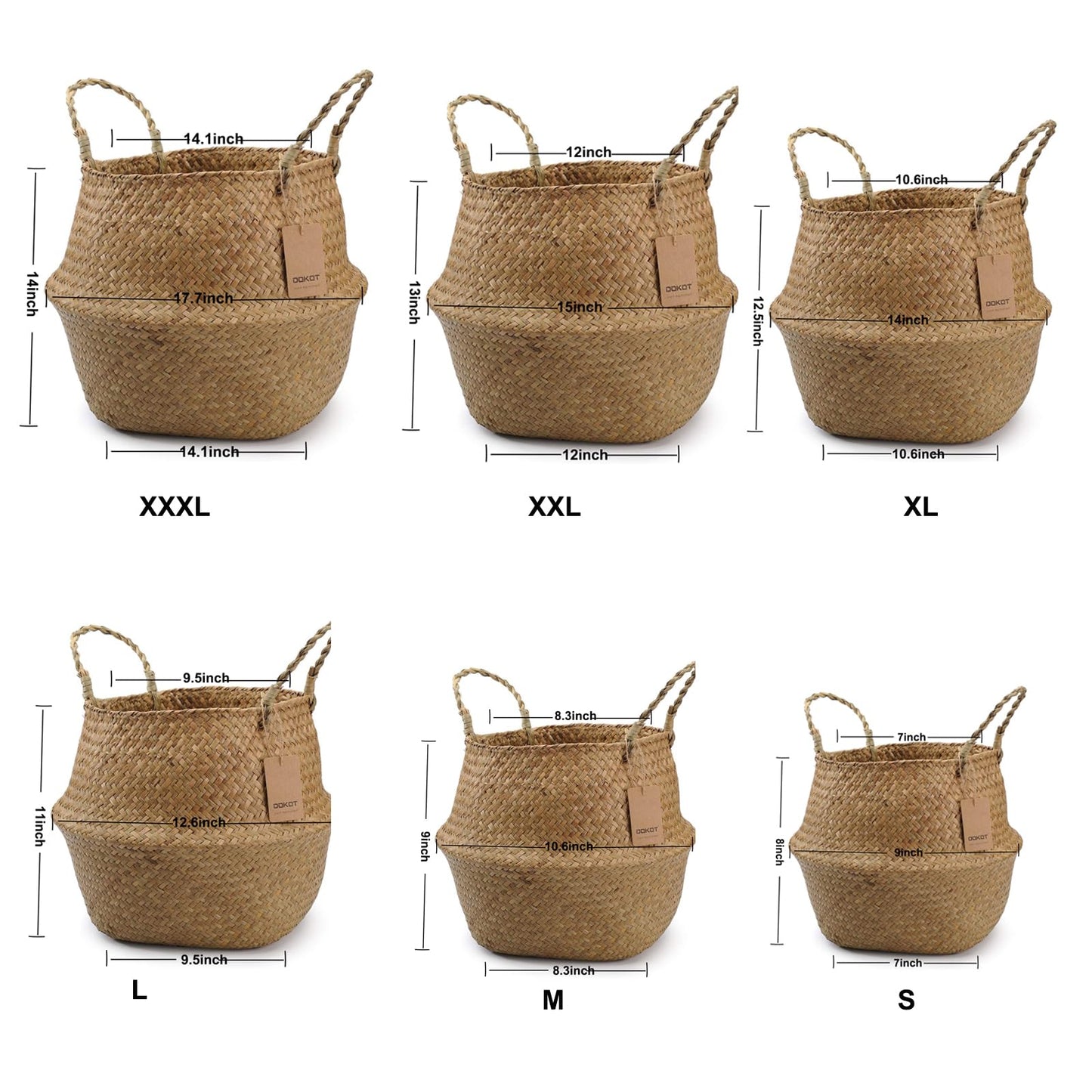 DOKOT Seagrass Plant Basket with Handles, Wicker Woven Storage Basket (8.3inch Diameter x 9inch Height), Natural