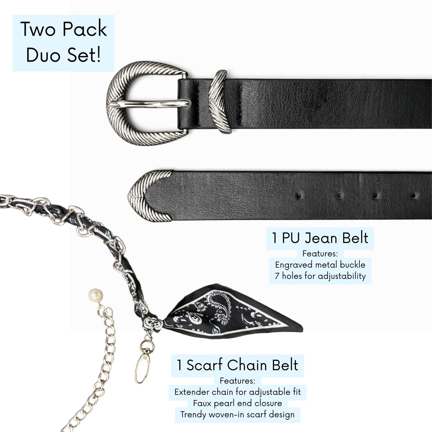 Women’s 2-Pack Belts – Faux Leather Skinny Jean Belt and Scarf Chain Belt – Stylish Waist Accessories for Everyday Wear (Black with Black Scarf Belt, S/M)
