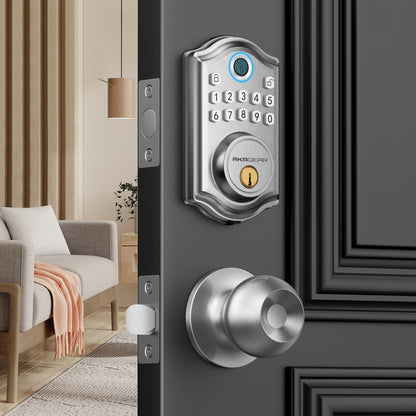 Keyless Entry Door Lock with Handle Set - Fingerprint Door Locks, Electronic Keypad Deadbolt, Smart Locks for Front Door, Auto-Lock & One Touch Locking, Easy Installation - Satin Nickel