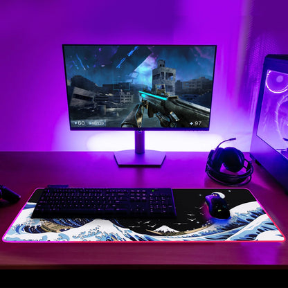 MEWOOCUE Gaming Laptop Mouse Pad,Sea Wave Big Mice Pads PC Keyboard Waterproof and Non-Slip 31.5 x 11.9 0.12" Thick XL,XXL Rubber Table Mat, RGB Led with 10 Lighting Modes+9 Color Changing Modes Mat