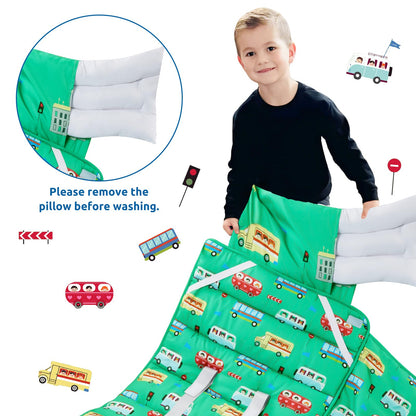 Safotad Toddler Nap Mat with Pillow and Blanket, Soft Sleeping Bag for Kids Boys and Girls, Slumber Bags Kids for Preschool, Daycare, Travel, Camping, 54" x 33" Great for Ages 3-6(Green)