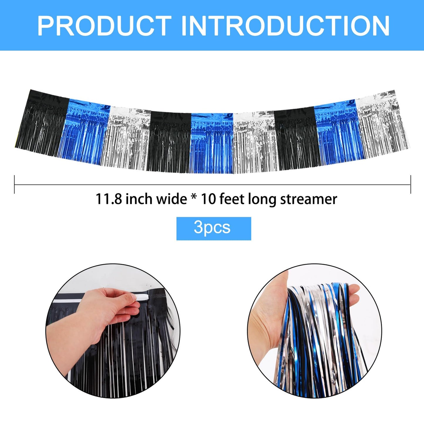 BEISHIDA 3 Packs Metallic Foil Fringe Garland Black Blue Silver Wall Hanging Tinsel Fringe Banners for Car Floats Bridal Shower Wedding Birthday Graduation Holiday Party Decoration(30 Feet)