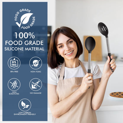 HOTEC 446°F Heat Resistant Large Silicone Cooking Spoon, BPA Free Solid Slotted Spoons, Nonstick Kitchen Cookware Utensils, Mixing, Serving, Stiring Large Spoons, Black