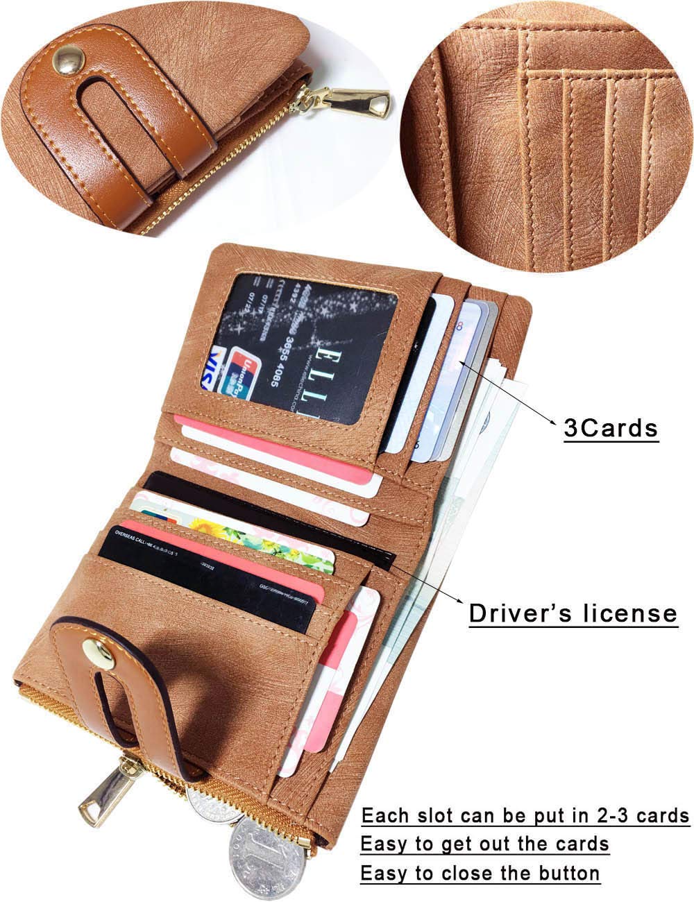 AOXONEL Women's Rfid Small Bifold Leather Wallet Ladies Mini Zipper Coin Purse id card Pocket,Slim Compact Thin (Brown)