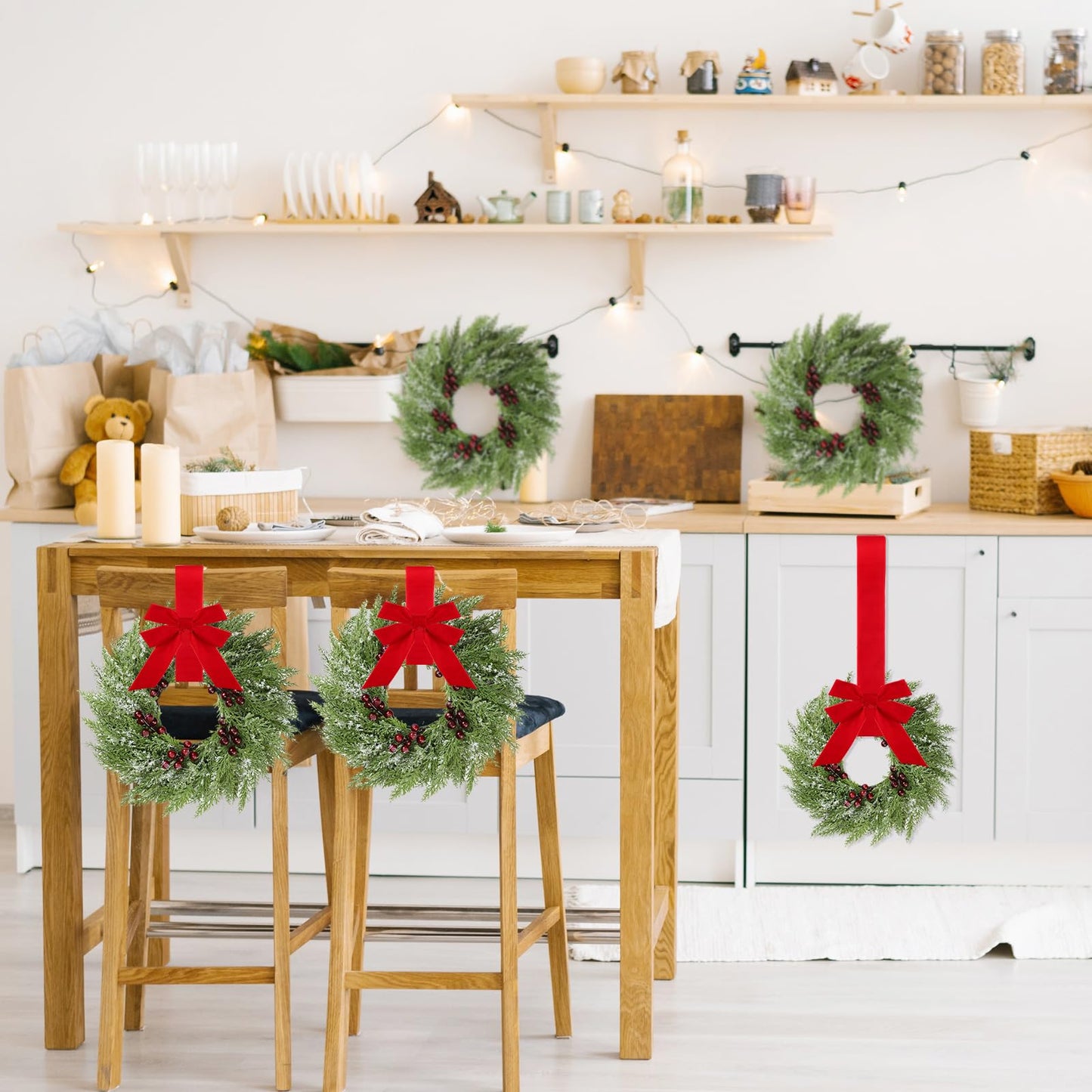 12 Pcs Small Christmas Norfolk Wreaths 15 Inch Christmas Kitchen Cabinet Mini Wreath with Bow Ribbon Cedar Berry for Xmas Front Door Window Chair Fireplace Table Pillar Farmhouse