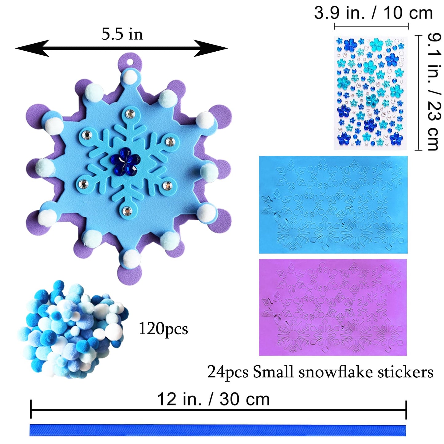 MLOLM 24 Sets Winter Snowflake Crafts Kit DIY 3D Christmas Snowflake Ornament Craft Kits Make Your Own Snowflake Sticker Pompoms for Winter Christmas Holiday Home Activities Party Favors