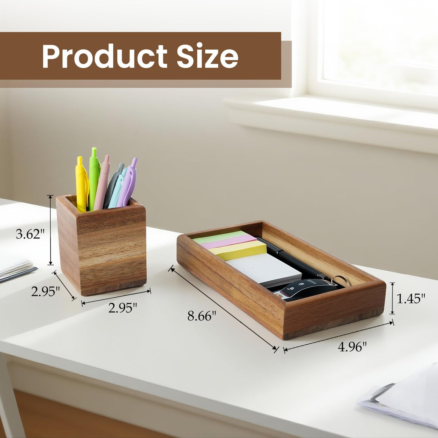 XHWUDI Wooden Pencil Holder with Desk Drawer Organizer Tray, Silicone Anti-Slip Pen Holder Set Aesthetic Desk Accessories for Office Home Supplies