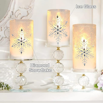 Christmas Flameless Candles, Jeweled Snowflake Iced Glass Candle, LED Flickering Pillar Candle with Timer&Remote for Xmas,Home Decor,Holiday,Set of 3 (D 3” X H 4” 5” 6”)