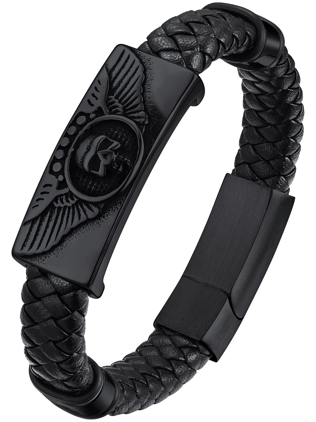 ChainsHouse Mens Braided Leather Black Bracelets Bangles, Wing Skull Bracelet for Dad Husband, 23cm