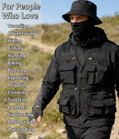 HUNTURE Mens Fishing Vest, Black Mesh Vest and Hat Gloves Cooling Neck Gaiter Set for Hiking Travel, Multi Pocket Summer Safari Vest