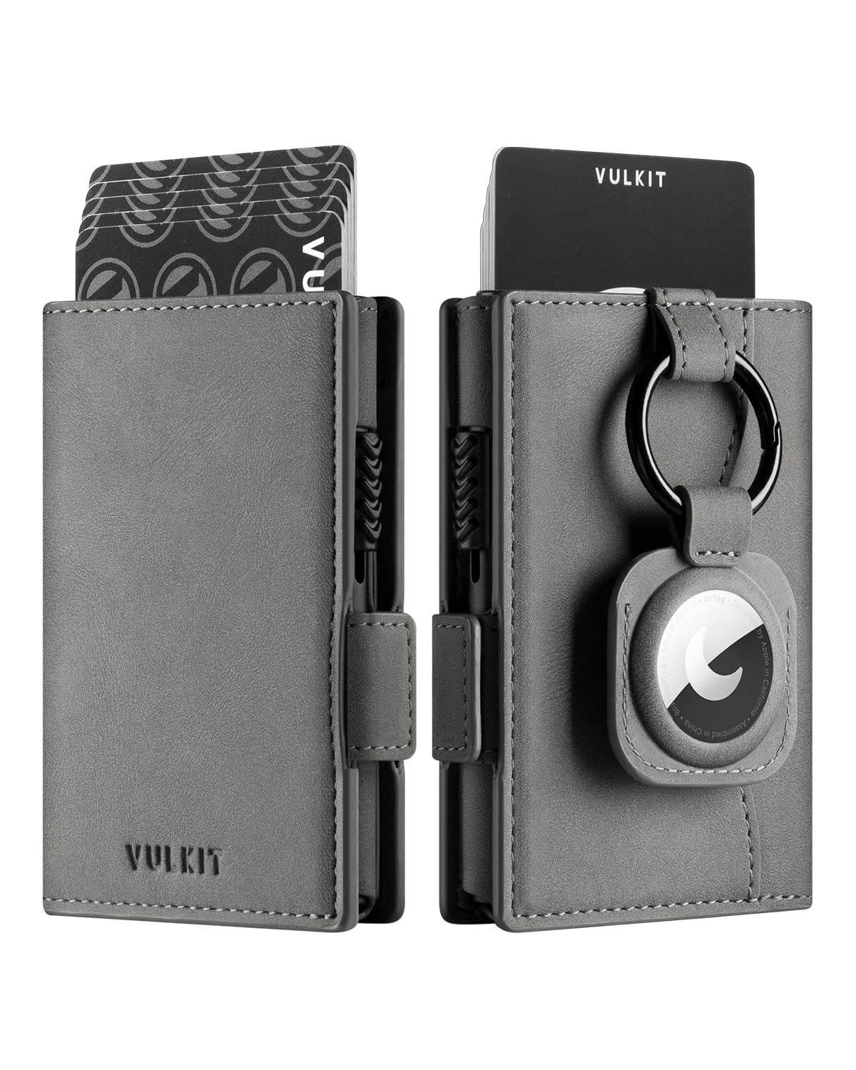 VULKIT Mens Wallet with Key Ring & Airtag Holder Leather Pop Up Card Holder RFID Blocking Keychain Wallet Cash Compartment Grey