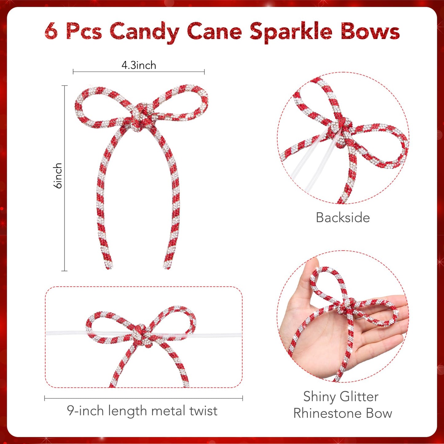 FLAIR GIFTS 6 Pcs 4.3" x 6" 2026 Christmas Bows for Tree Decor, Candy Cane Sparkly Glitter Rhinestone Bow Ornaments with Twist Tie for Xmas Decoration, Wreath, Garland, Gift Wrapping