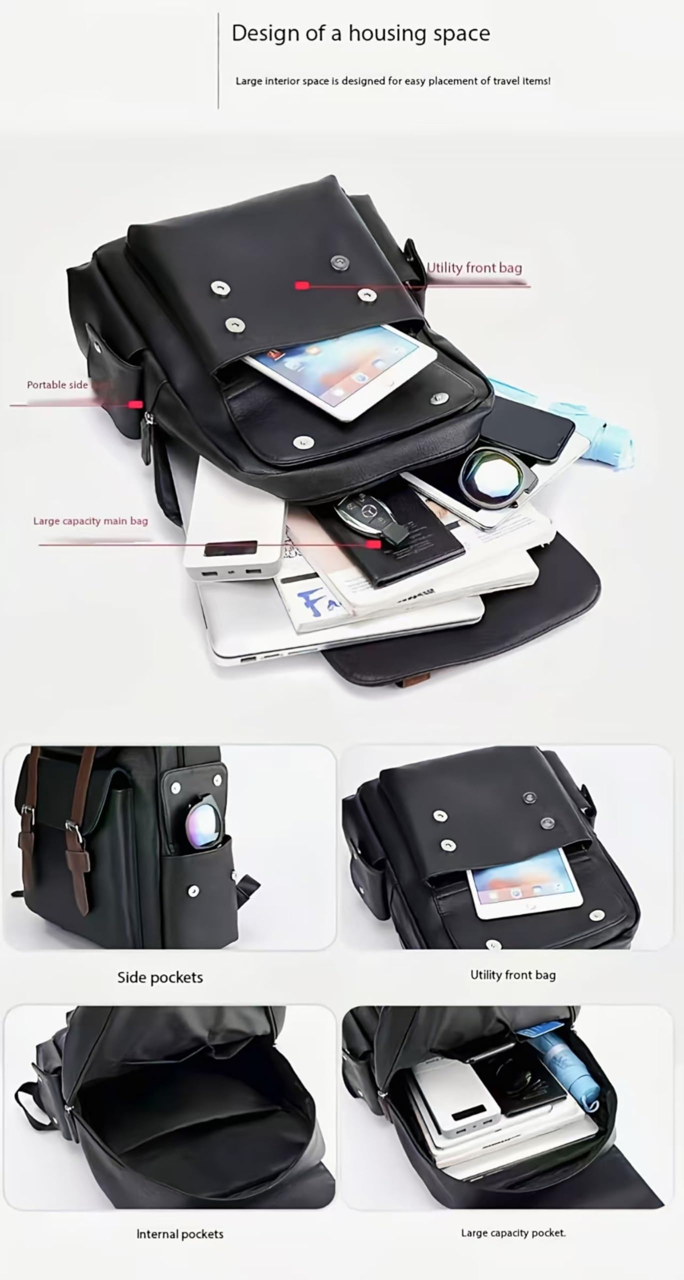 CYLYWJD Business Men and Women PU Leather Backpack 15.6inch Laptop Waterproof Backpack Travel Commuter Lightweight schoolbag (Black backpack9,Medium)