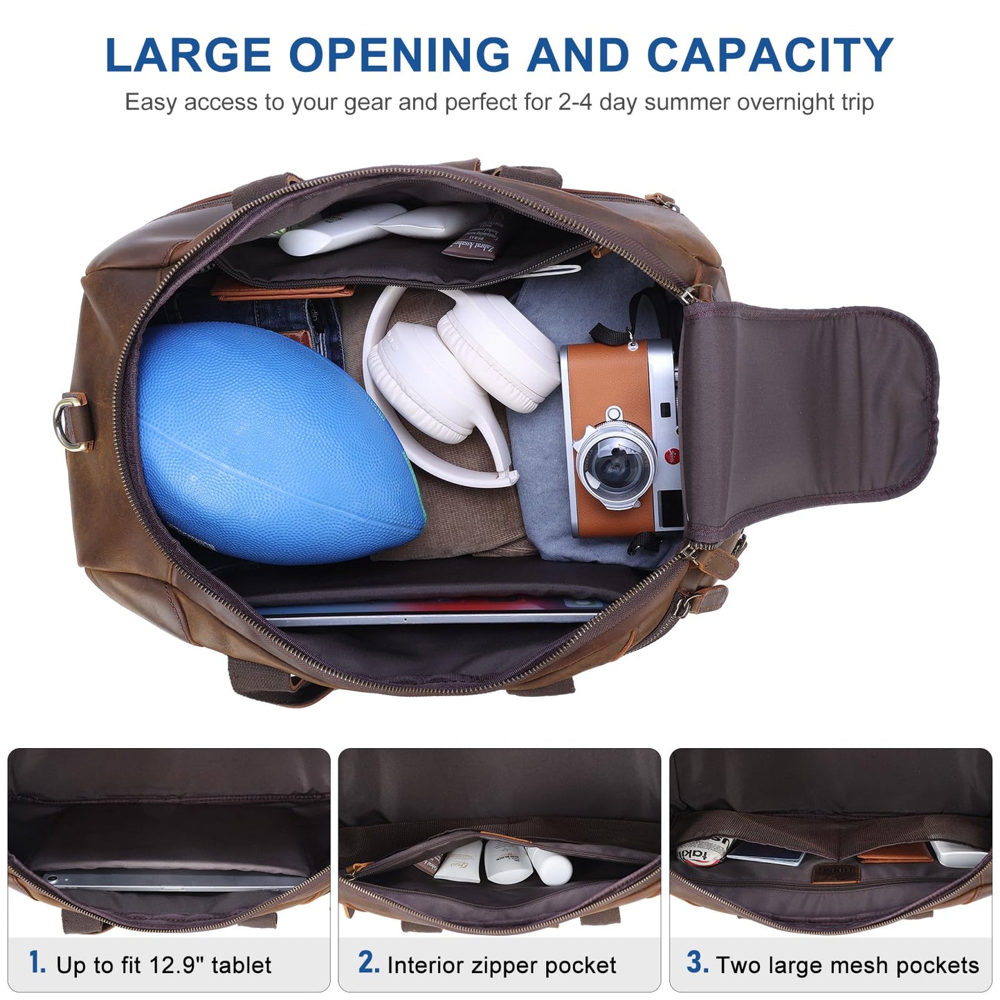 TIDING Full Grain Leather Duffle Bag for Men - 20 Inch TSA Approved Carry On Weekender Overnight Travel Duffel Bags